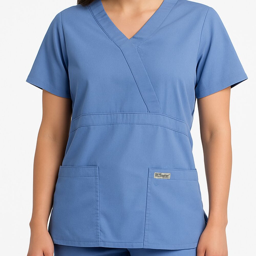 Grey’s Anatomy Mock Wrap Scrub Top – Soft Blue, Size M